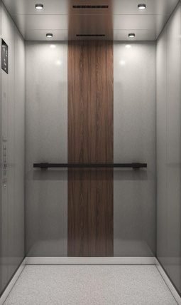 Cabin with wood panel and steel handrail